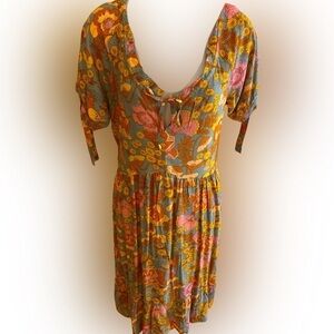 Boho Beach Hut Dress - S orange gray blue floral.  NWT , rayon